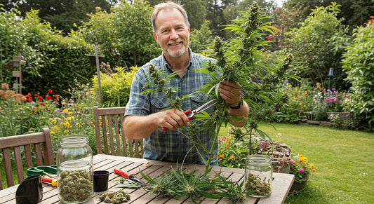 A home grower tends to a lush marijuana plant in a sunny backyard, with jars of harvested buds and gardening tools on a table in a serene setting.