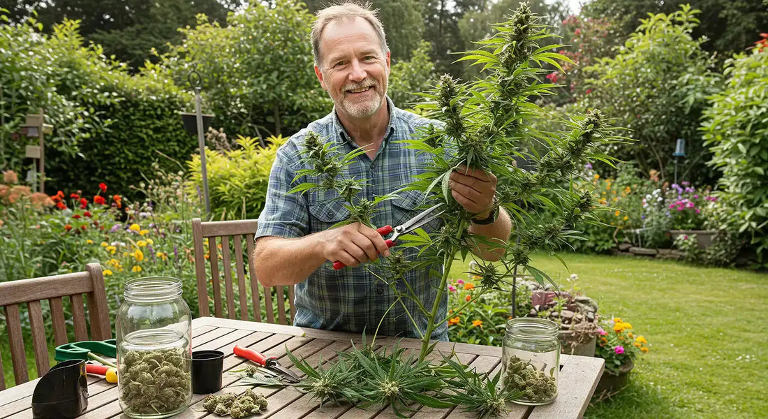 A home grower tends to a lush marijuana plant in a sunny backyard, with jars of harvested buds and gardening tools on a table in a serene setting.