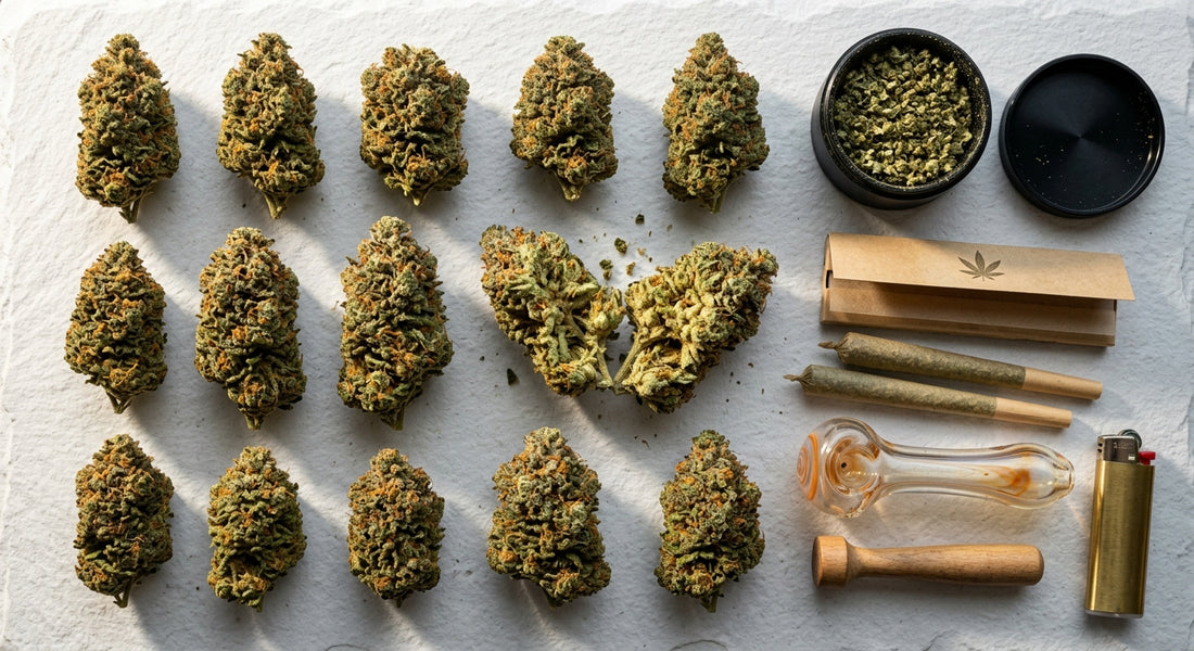 how to smoke hemp flower — glass pipe rolling papers and ground CBD hemp flower buds flat lay