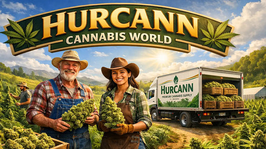 Hurcann’s cannabis world with farmers, quality buds, and a delivery truck under a bold banner, capturing the supplier’s excellence.