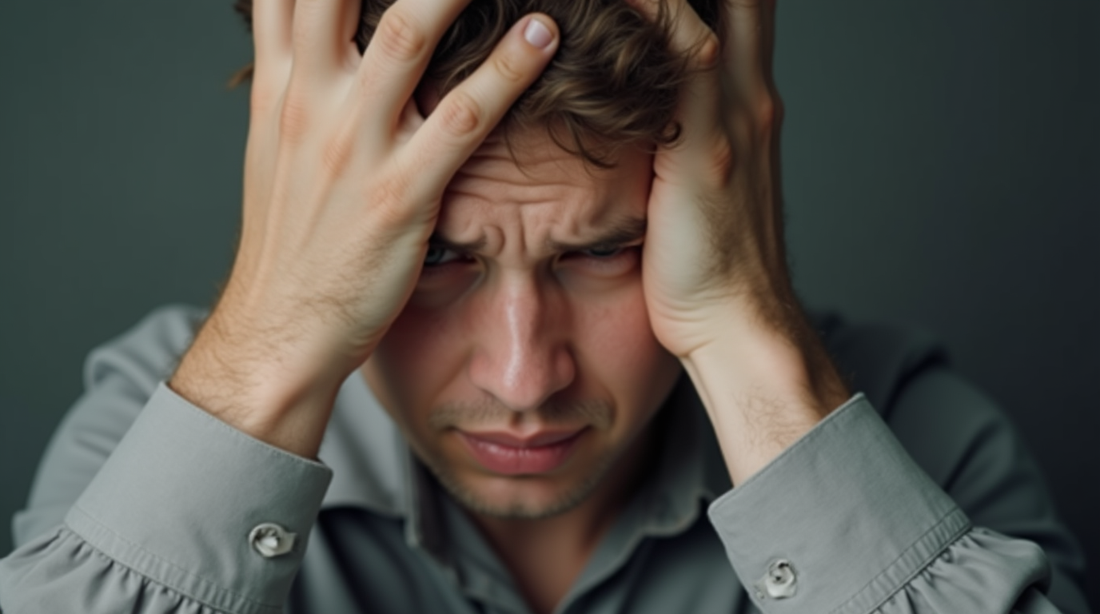 A close-up of a distressed man with tousled hair, holding his head in frustration or anxiety. He is wearing a gray shirt, and his facial expression conveys stress, worry, or deep contemplation against a dark background