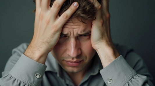 A close-up of a distressed man with tousled hair, holding his head in frustration or anxiety. | Hurcann