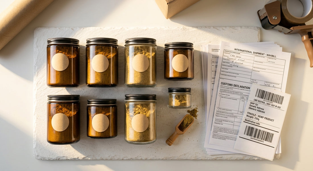 importing hemp kief from USA to Europe bulk golden CBD kief jars with customs documents