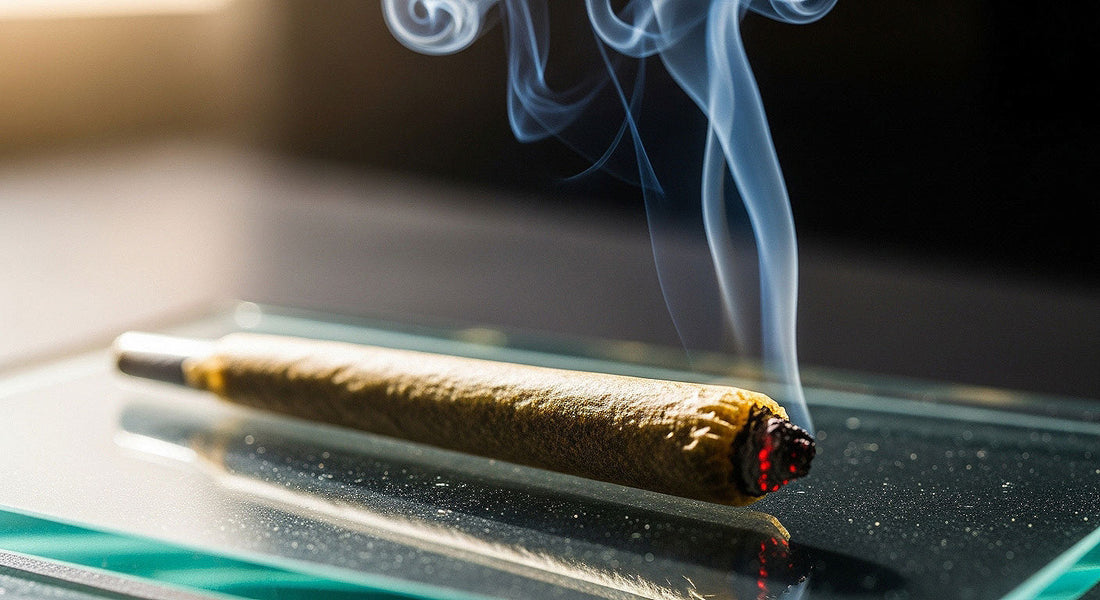 A freshly rolled infused pre-roll resting on a glass tray with wisps of smoke rising.