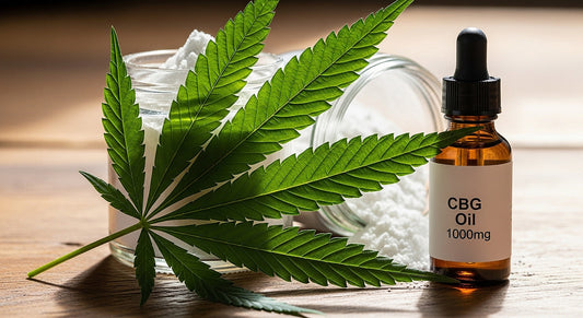 A jar of CBG isolate powder and a dropper bottle of CBG oil with a hemp leaf, symbolizing CBG products and their natural origins.
