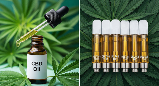 A jar of CBG isolate powder and a dropper bottle of CBG oil with a hemp leaf, symbolizing CBG products and their natural origins.