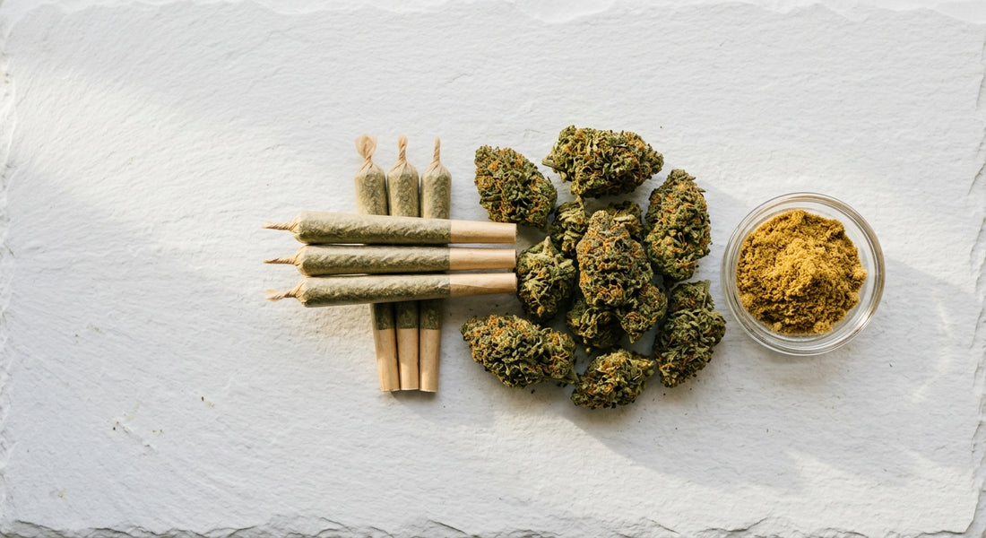 k smoke shop wholesale CBD hemp flower pre-rolls and kief flat lay Hurcann