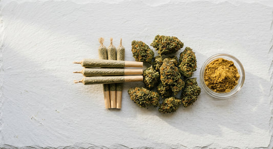 k smoke shop wholesale CBD hemp flower pre-rolls and kief flat lay Hurcann