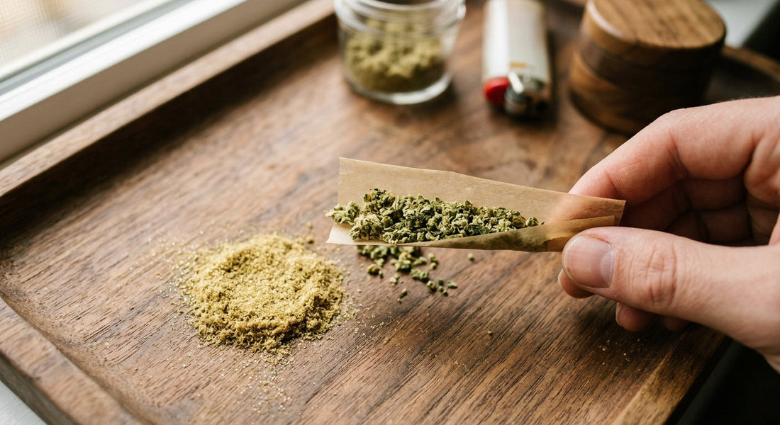 Golden kief piled next to a partially rolled joint on a wooden rolling tray