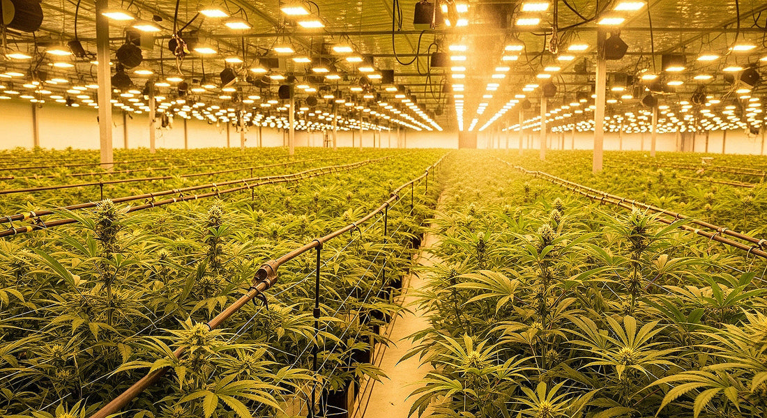 A large-scale cannabis cultivation farm with healthy plants under bright grow lights, representing the industry's growth.