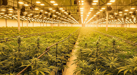 A large-scale cannabis cultivation farm with healthy plants under bright grow lights, representing the industry's growth.