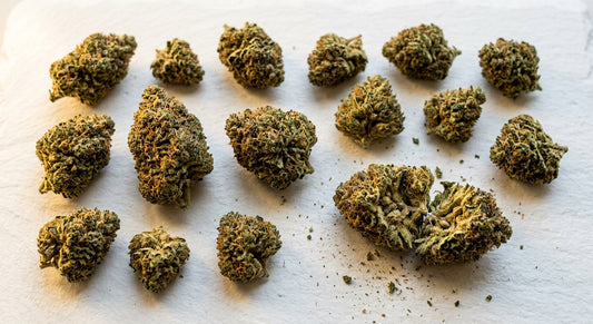 LB strain THCA hemp flower buds dense resinous flat lay 2026 Hurcann