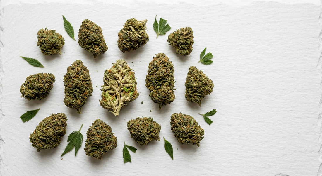 leaf flower CBD oil source material dense hemp flower buds and leaves on white surface