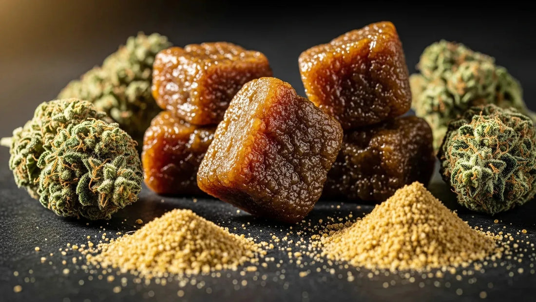Premium hemp derived Lebanese hash blocks with hemp flowers representing traditional hash craftsmanship and modern CBD wellness | Hurcann