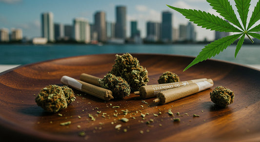 Legendary OG, Sour Space Candy, and Elektra pre-rolls on a wooden tray with hemp buds, a Miami skyline, and a green cannabis leaf overlay.
