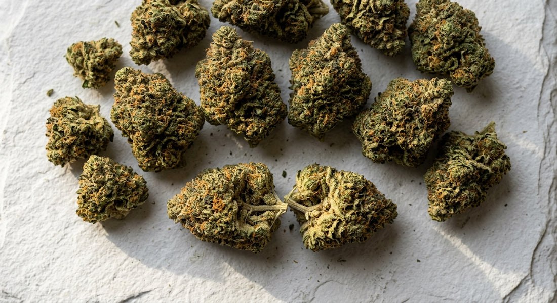 lit THCA hemp flower buds flat lay showing dense trichome-covered nugs Hurcann