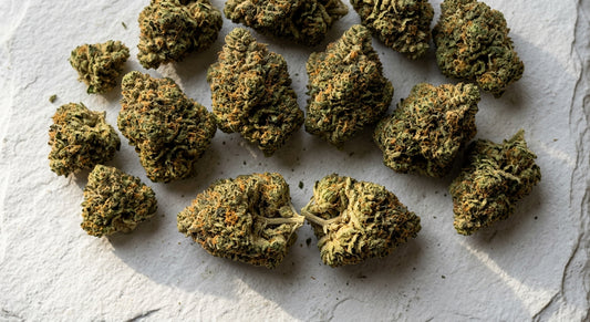 lit THCA hemp flower buds flat lay showing dense trichome-covered nugs Hurcann