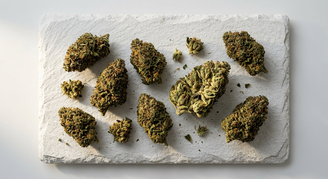 low THC CBD hemp flower buds flat lay compliant hemp 2026 Hurcann