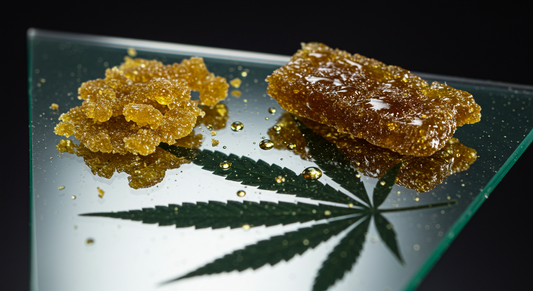Macro shot of golden THCA hash and earthy delta 8 hash on reflective glass, with a cannabis leaf shadow and glistening terpene droplets.