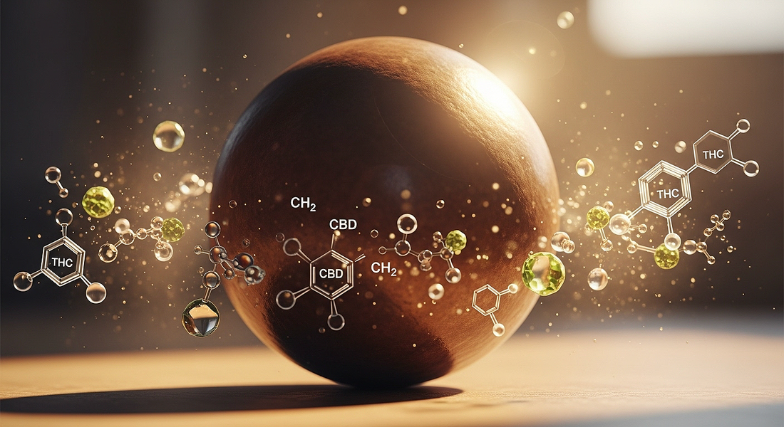 Temple ball surrounded by symbolic molecules representing purity and the entourage effect.