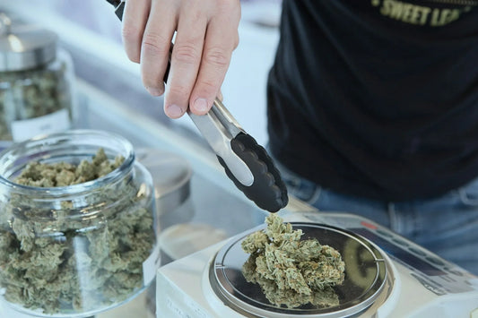 A person using metal tongs to place cannabis buds on a digital scale, with glass jars of cannabis in the background at a dispensary | Hurcann