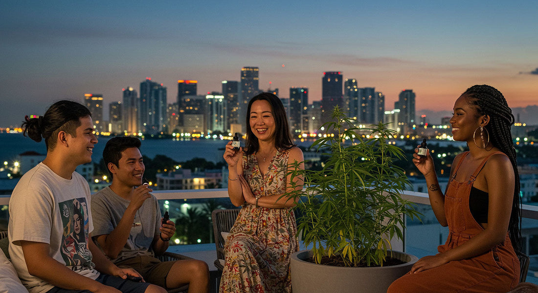 A person using CBD tincture on a Miami beach at dusk, with CBD products on a towel, ocean, and city skyline in the background.