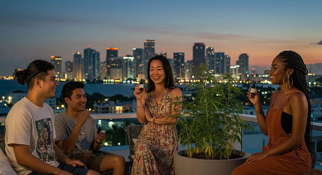 A diverse group on a Miami rooftop at dusk enjoying CBD products, with hemp plants and the city skyline in the background.
