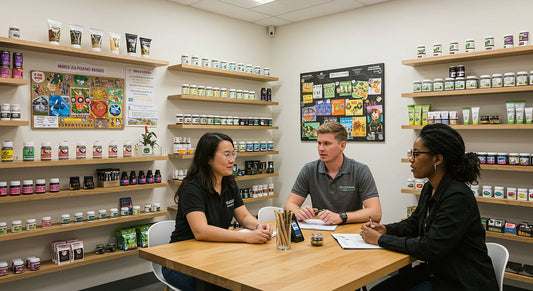 A modern cannabis dispensary with colorful products on sleek shelves, a vision board on the wall, and a team collaborating at a table in warm, inviting light.