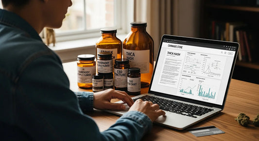 Person researching and verifying THCA hash online before buying, with lab reports and product jars on desk | Hurcann