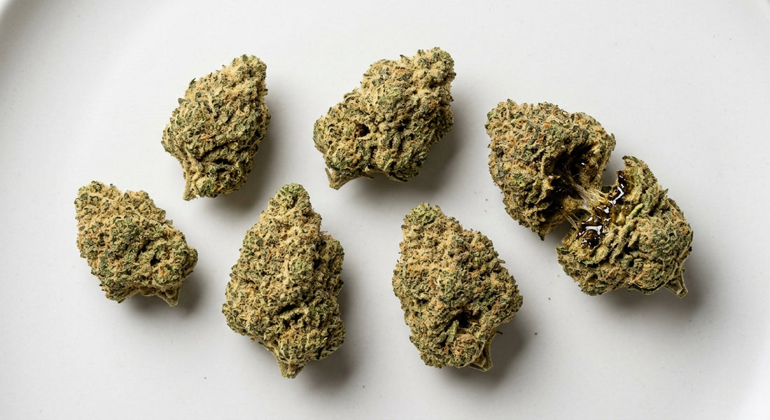 moon flower CBD buds coated in kief flat lay premium hemp product 2026