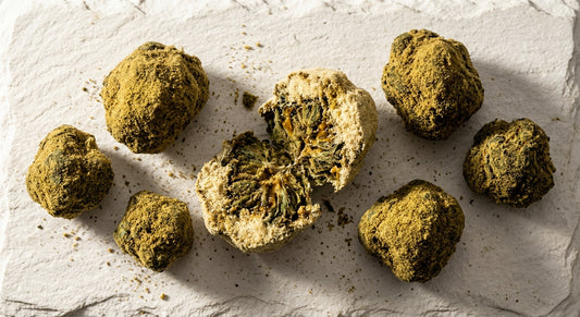 THCA hemp moon rocks flat lay showing kief-coated layers for moon smoking weed guide
