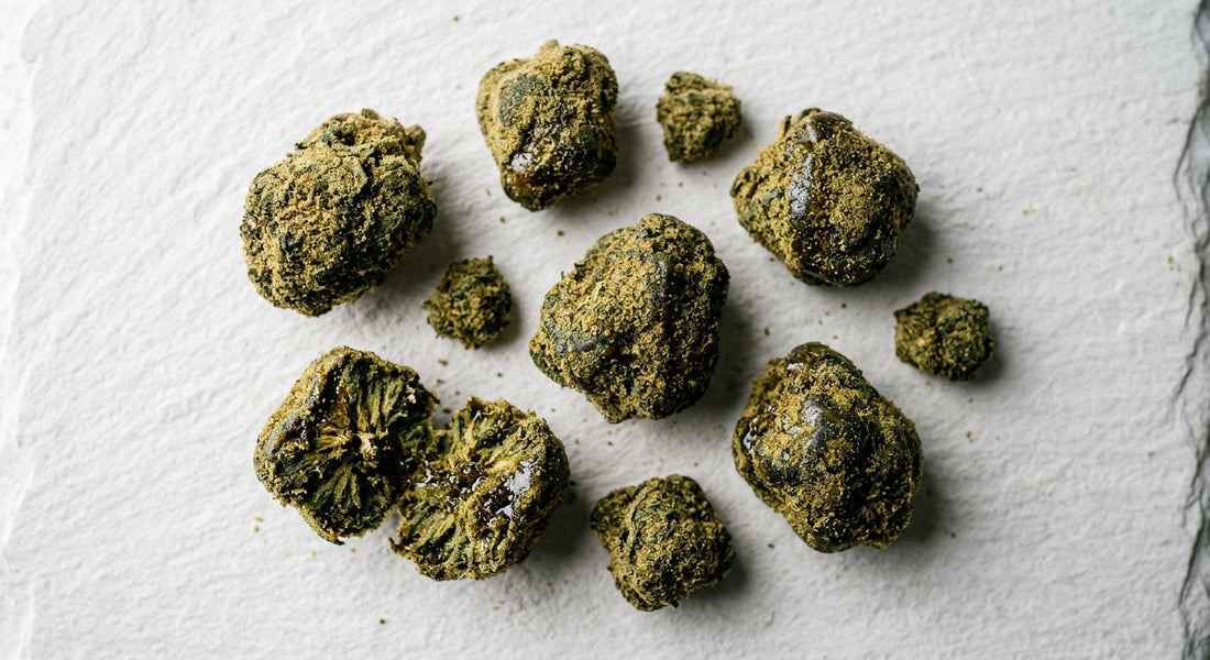 moonrocks drug THCA hemp flower coated in kief and oil on white surface