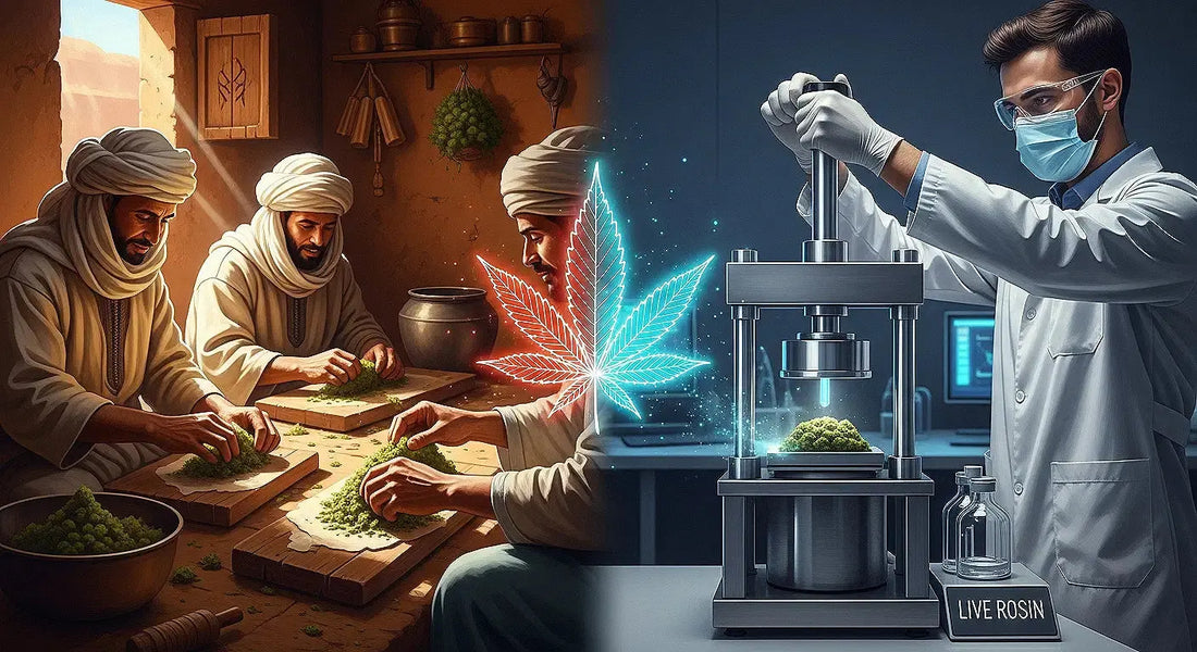 Moroccan hash artisans and modern live rosin press scene merged with a glowing cannabis leaf at the center symbolizing tradition meeting technology | Hurcann