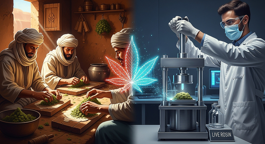 Moroccan hash artisans and modern live rosin press scene merged with a glowing cannabis leaf at the center symbolizing tradition meeting technology.