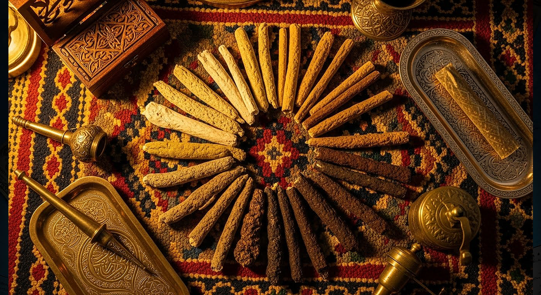 Full-spectrum display of Moroccan hash grades arranged in a circle with Moroccan textures and consumption tools.