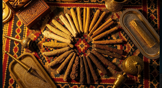 Full-spectrum display of Moroccan hash grades arranged in a circle with Moroccan textures and consumption tools.