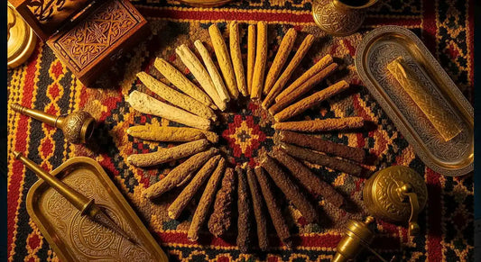 Full-spectrum display of Moroccan hash grades arranged in a circle with Moroccan textures and consumption tools | Hurcann
