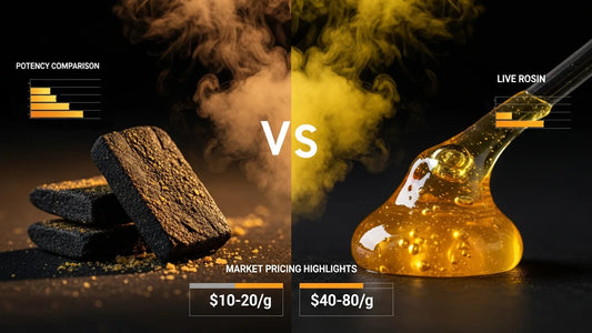 Comparative featured image of Moroccan hash and live rosin illustrating potency, terpenes, and market differences | Hurcann
