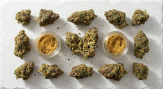 mwi wholesale smoke shop supplies CBD hemp flower and kief flat lay Hurcann