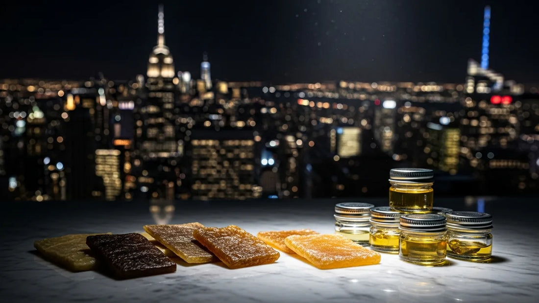 NYC skyline paired with traditional hash and modern cannabis concentrates | Hurcann