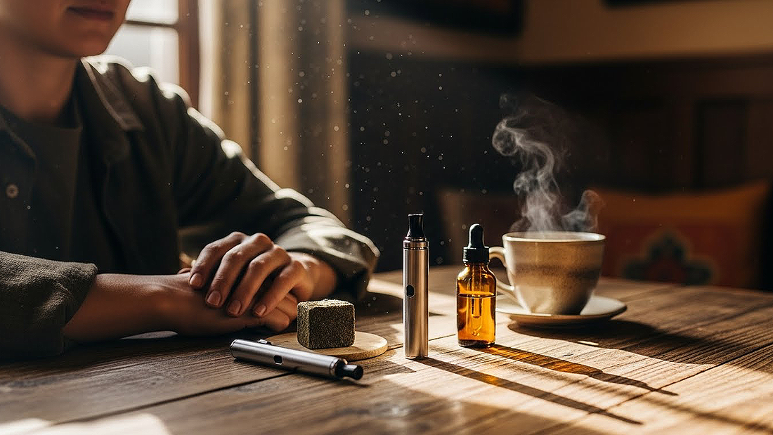 Person enjoying Afghan CBD hash with vaporizer, tincture, and tea, highlighting wellness and traditional-meets-modern CBD experience