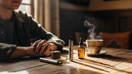 Person enjoying Afghan CBD hash with vaporizer, tincture, and tea, highlighting wellness and traditional-meets-modern CBD experience