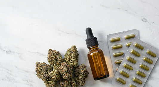 pharmacie cbd France 2026 huile fleurs et gélules CBD sur surface blanche
