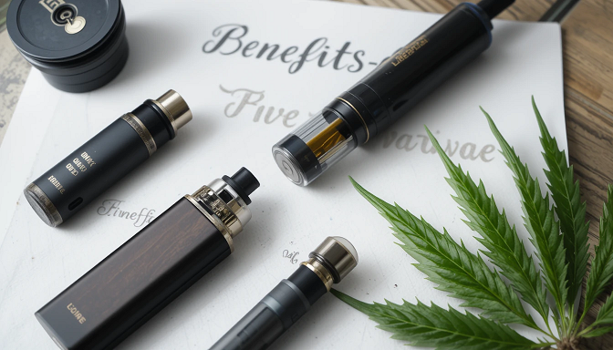 portable vaporizers, vape pod, grinder, cartridge, dry herb vape and oil vape on a paper with Benefits written at the top.