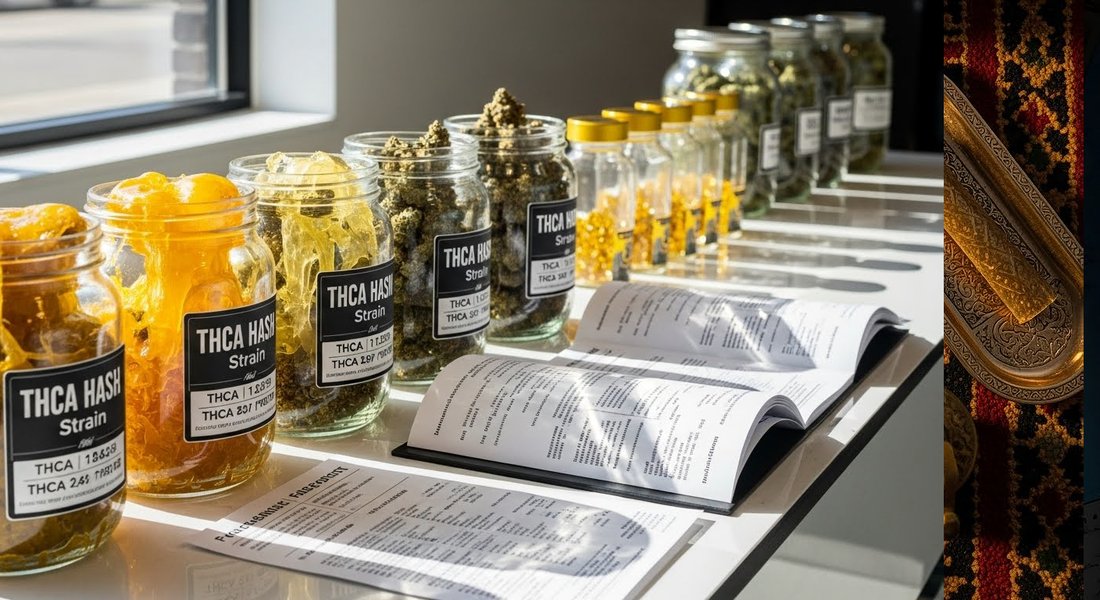 THCA hash rosin bulk in dispensary setting, showcasing premium quality, verified testing, and solventless extraction