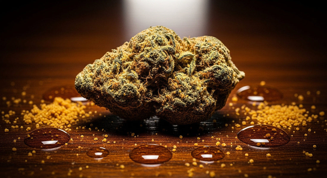 A premium cannabis moon rock on a dark wooden surface, surrounded by kief and hash oil, with lighting highlighting its textures