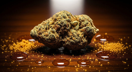 A premium cannabis moon rock on a dark wooden surface, surrounded by kief and hash oil, with lighting highlighting its textures