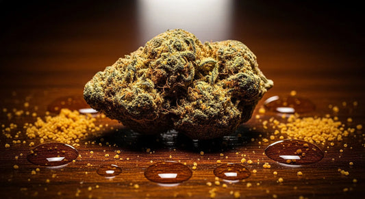 A premium cannabis moon rock on a dark wooden surface, surrounded by kief and hash oil, with lighting highlighting its textures | Hurcann