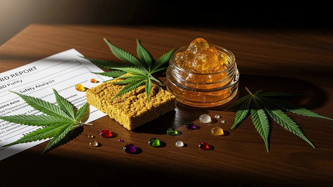 CBD hash and live rosin with lab report and hemp leaves representing safety, testing, and quality | Hurcann