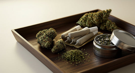Premium pre-rolled cannabis joints displayed on a wooden tray with fresh buds and a grinder.